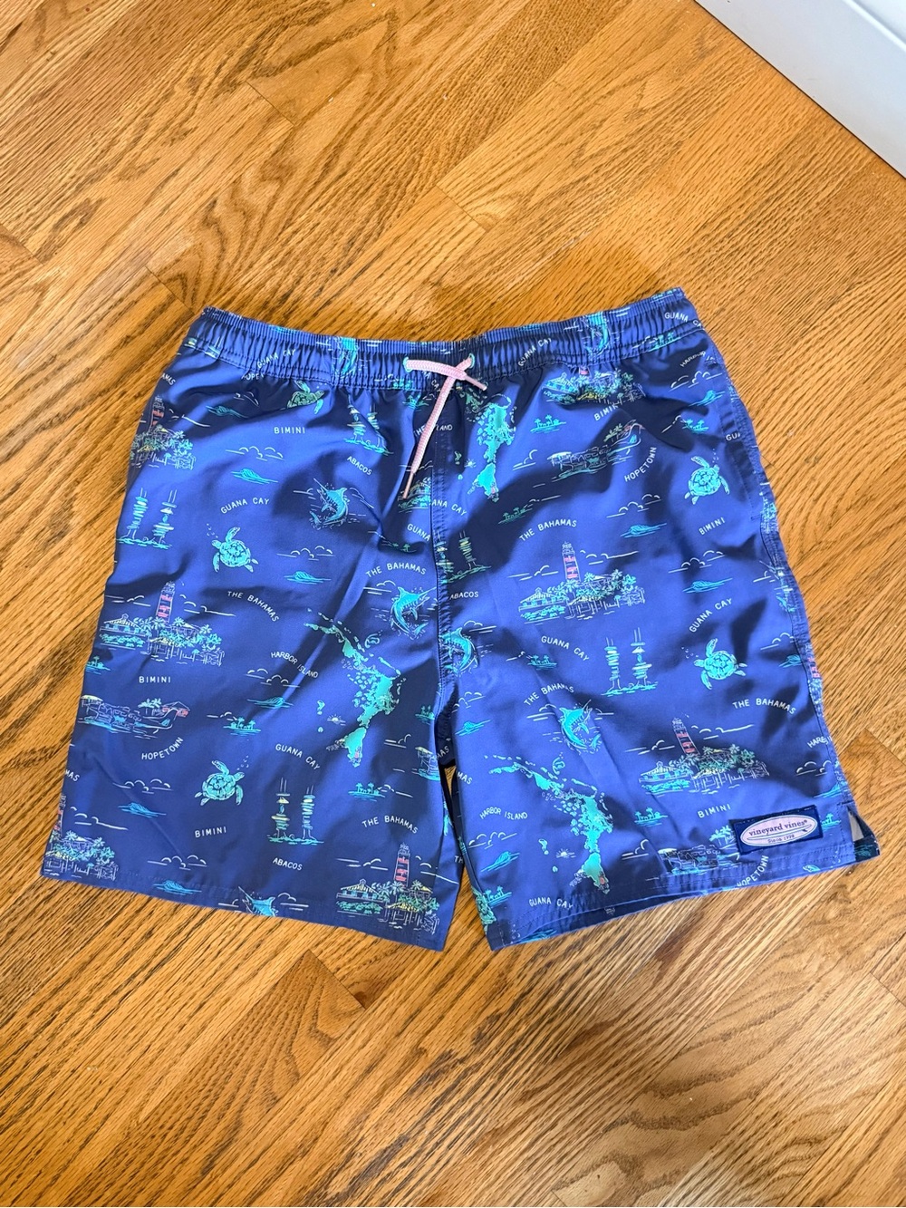 Vineyard Vines Boys Navy Blue & Aqua Island Print Swim Trunks- also Men's Small